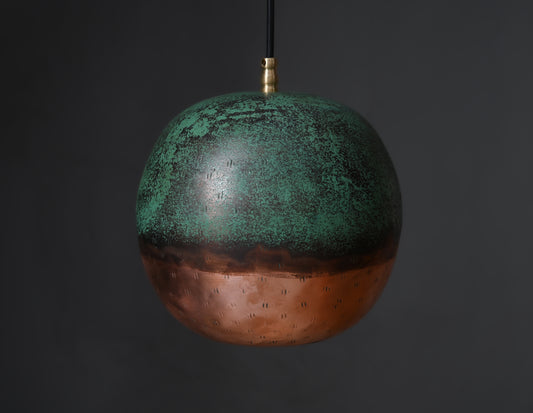 Two-Tone Copper Ball Pendant Light – Half Verdigris Half Raw Copper Globe Lamp – Modern Patinated Lighting