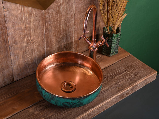 Green Patina Copper Sink – Hand-Patinated Rustic Bathroom Basin