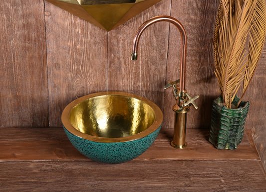 Hammered Brass Sink – Handmade Bathroom Basin with Turquoise Patina