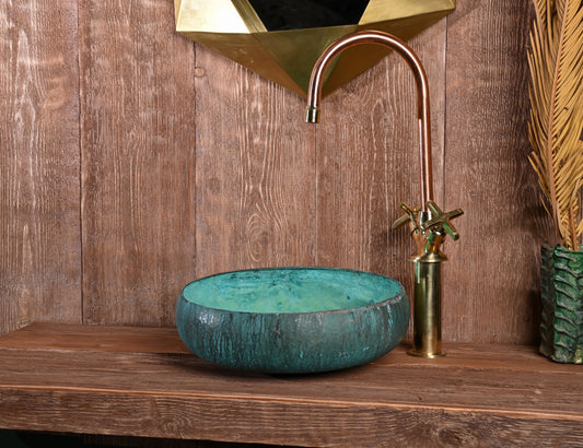 Hammered Verdigris Copper Sink – Turquoise Patina Basin for Bathroom
