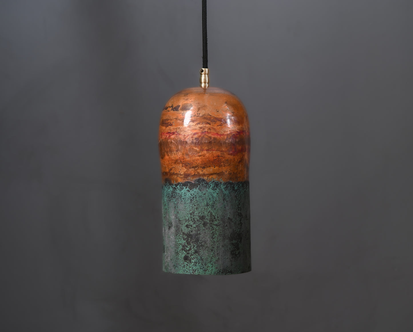 Copper Cylinder Pendant Light with Green Patina Top – Handmade Rustic Ceiling Lamp