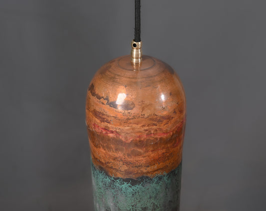 Copper Cylinder Pendant Light with Green Patina Top – Handmade Rustic Ceiling Lamp
