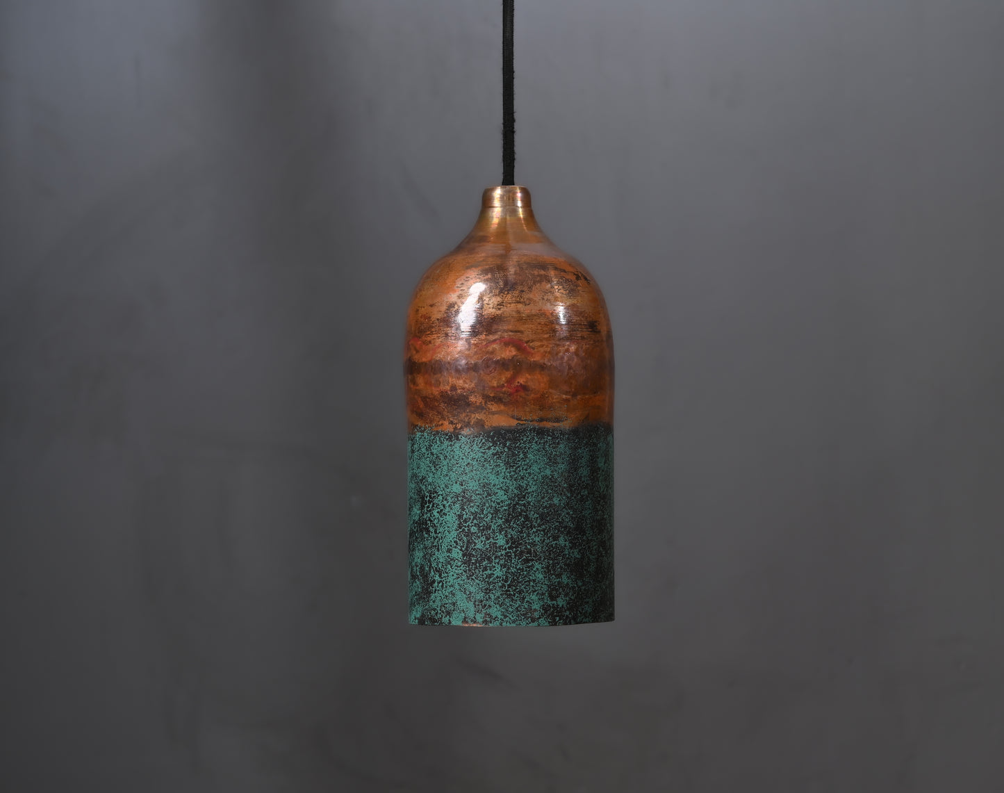 Half Green & Copper Cylinder Pendant Light – Oxidized Patina Finish – Rustic Handmade Ceiling Lamp