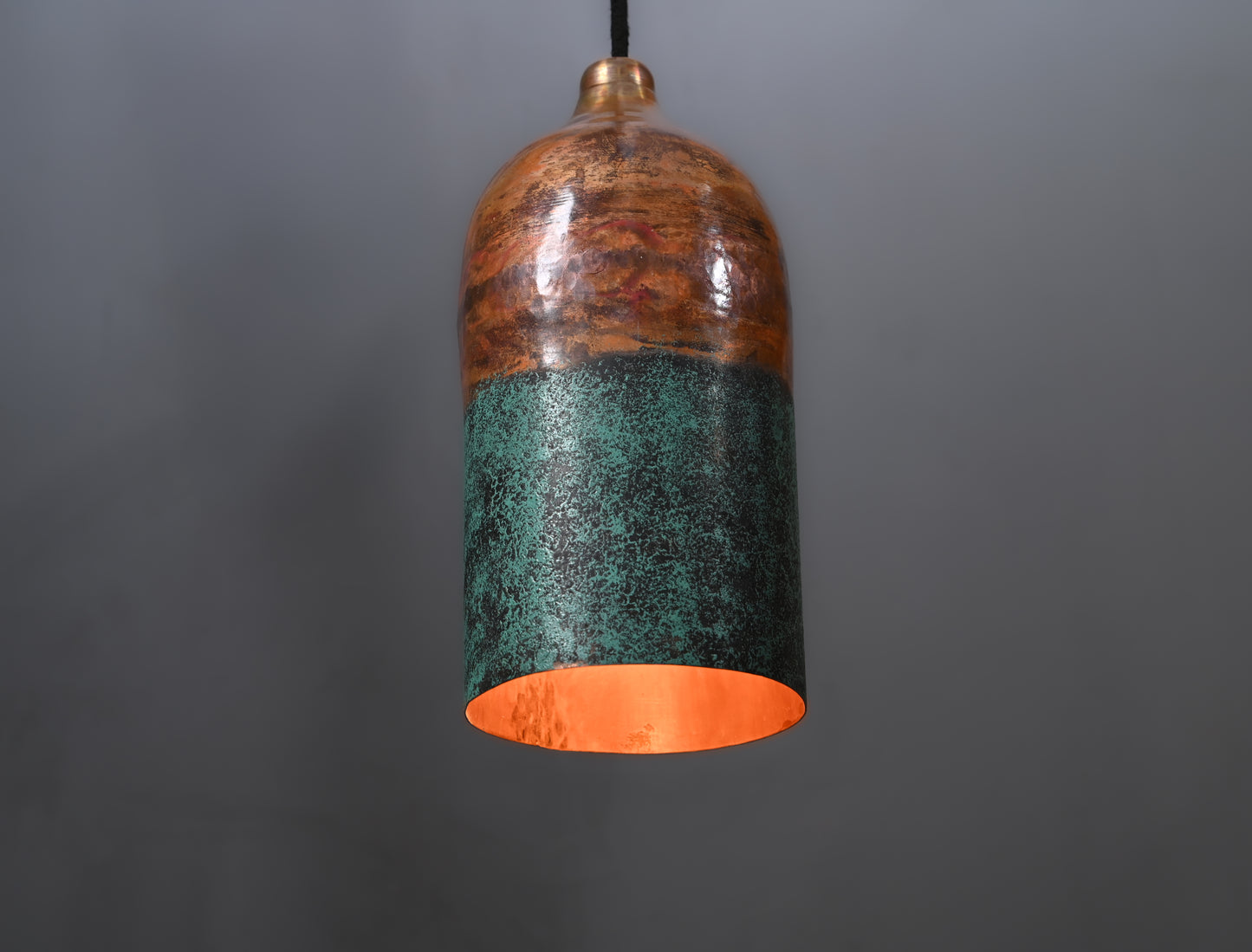 Half Green & Copper Cylinder Pendant Light – Oxidized Patina Finish – Rustic Handmade Ceiling Lamp