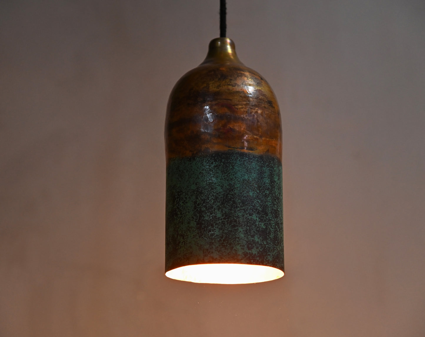 Half Green & Copper Cylinder Pendant Light – Oxidized Patina Finish – Rustic Handmade Ceiling Lamp