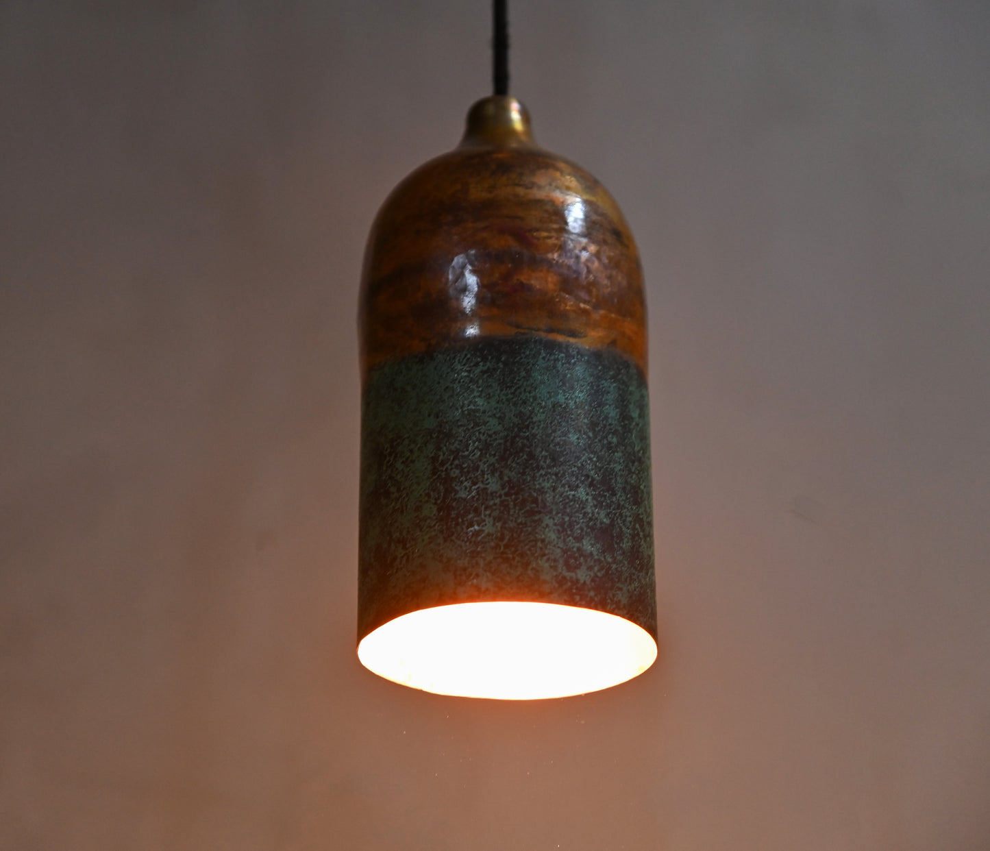 Half Green & Copper Cylinder Pendant Light – Oxidized Patina Finish – Rustic Handmade Ceiling Lamp