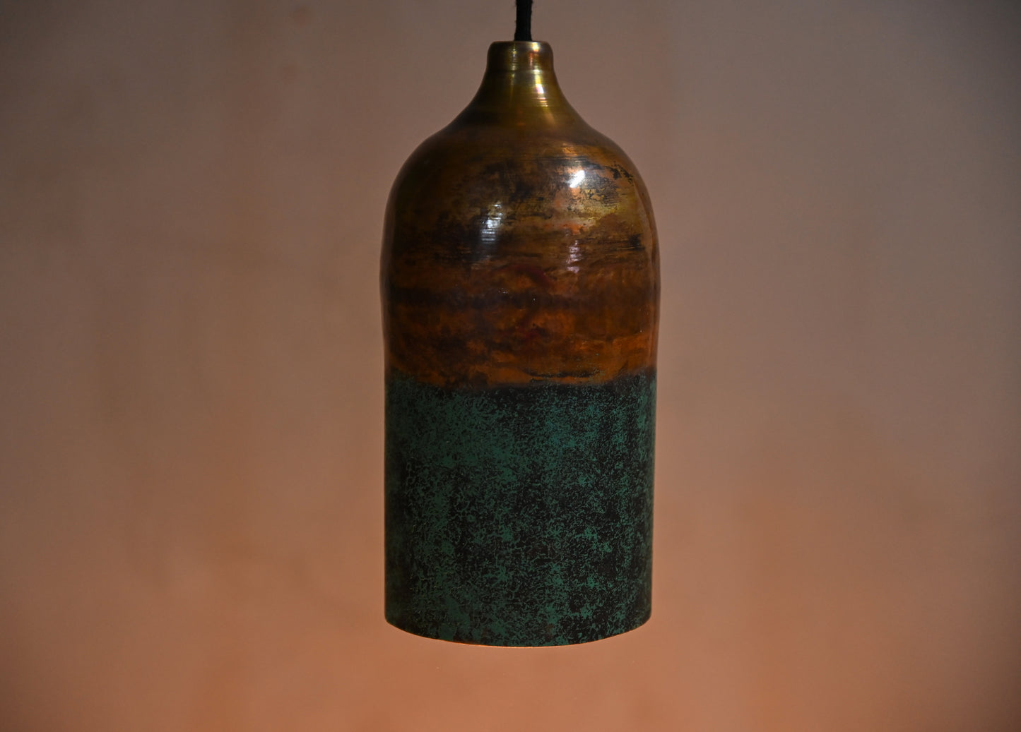 Half Green & Copper Cylinder Pendant Light – Oxidized Patina Finish – Rustic Handmade Ceiling Lamp