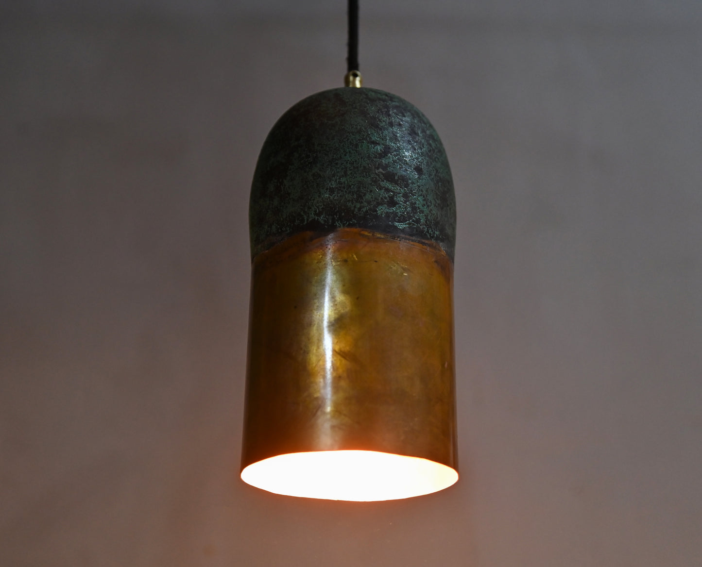 Copper Pendant Light with Green Patina Top – Handmade Rustic Ceiling Lamp