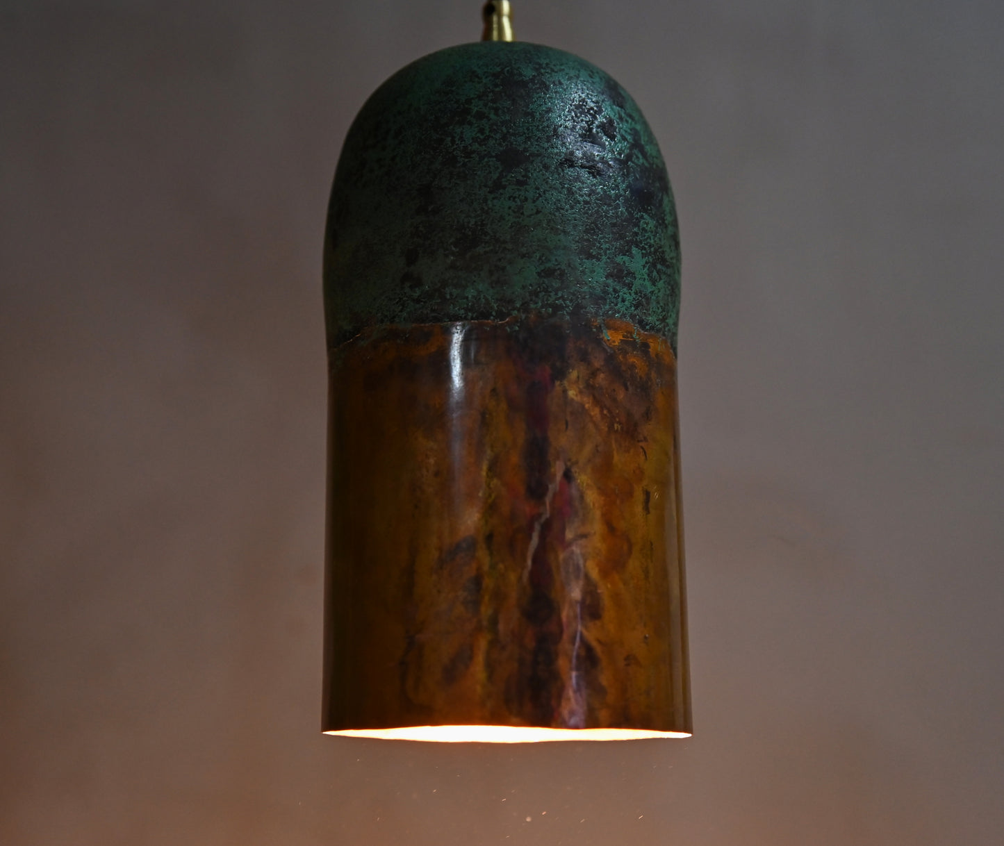 Copper Pendant Light with Green Patina Top – Handmade Rustic Ceiling Lamp
