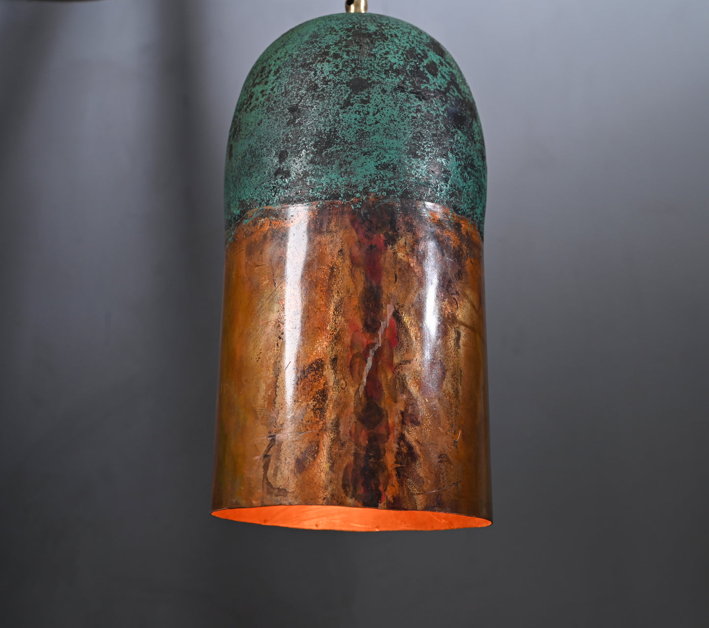 Copper Pendant Light with Green Patina Top – Handmade Rustic Ceiling Lamp