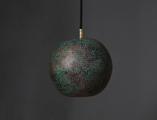 Verdigris Green Copper Ball Pendant Light – Patinated Oxidized Globe Lamp – Rustic Kitchen Island Lighting