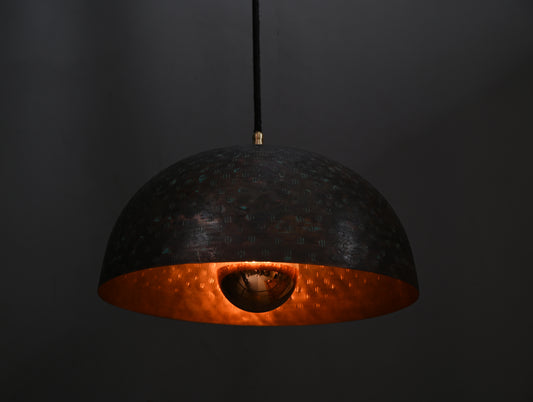 Black Copper Dome Pendant Light with Gold Interior – Perforated Hanging Lamp – Ambient Artisan Ceiling Light