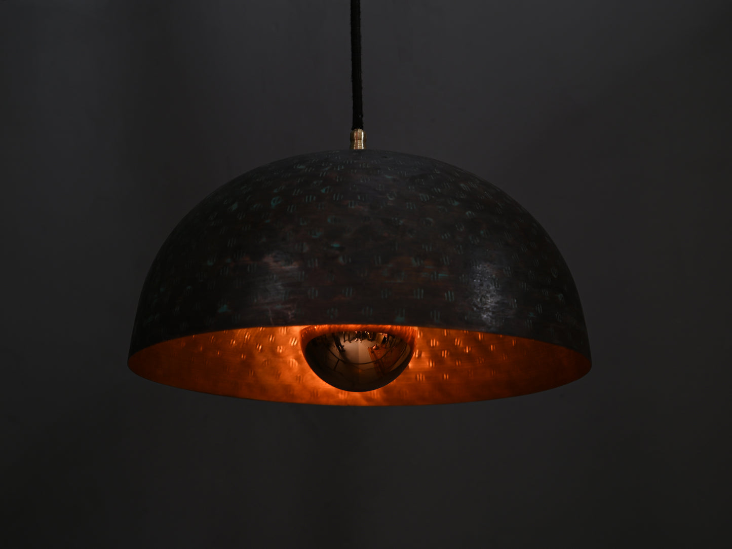 Black Copper Dome Pendant Light with Gold Interior – Perforated Hanging Lamp – Ambient Artisan Ceiling Light