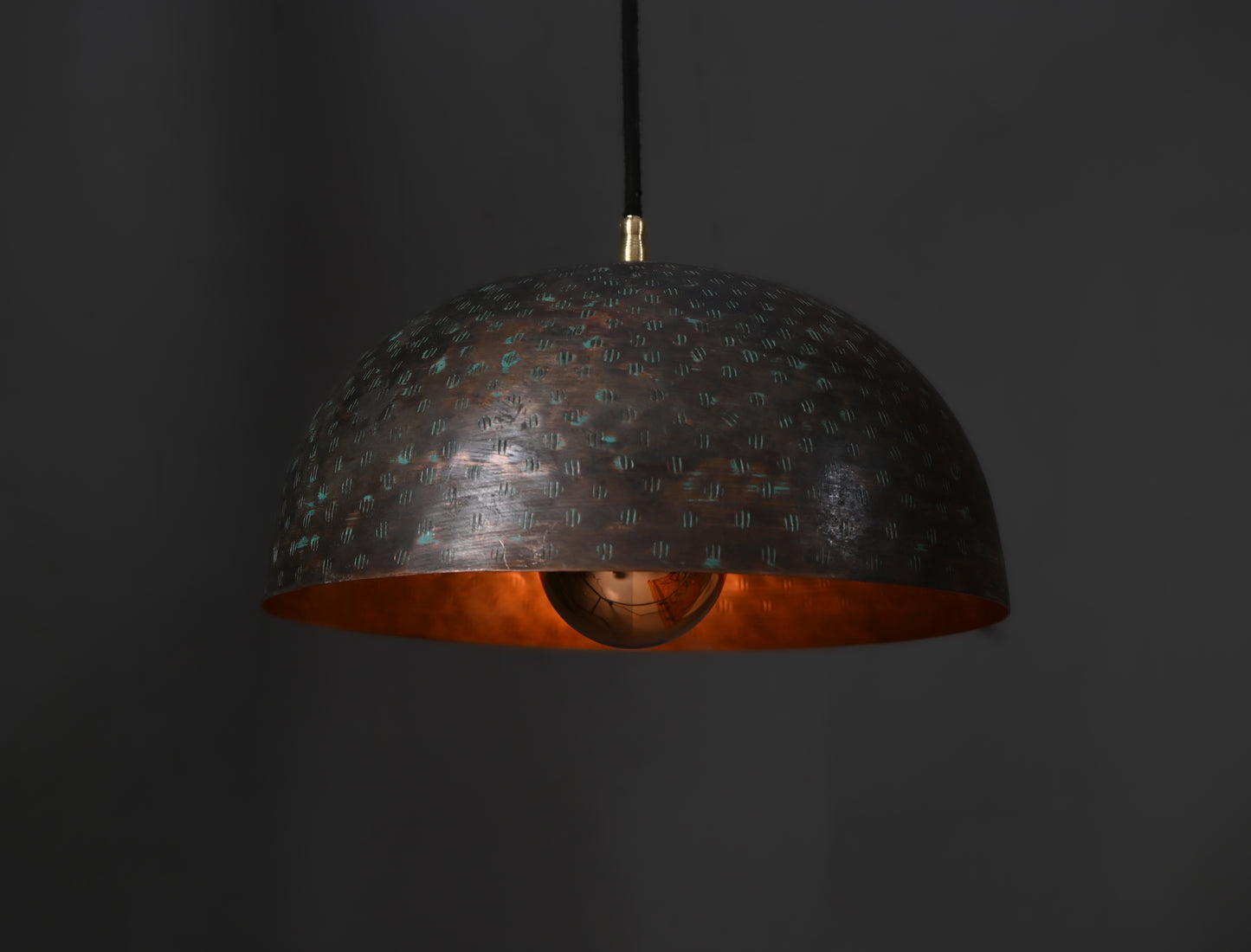 Black Copper Dome Pendant Light with Gold Interior – Perforated Hanging Lamp – Ambient Artisan Ceiling Light