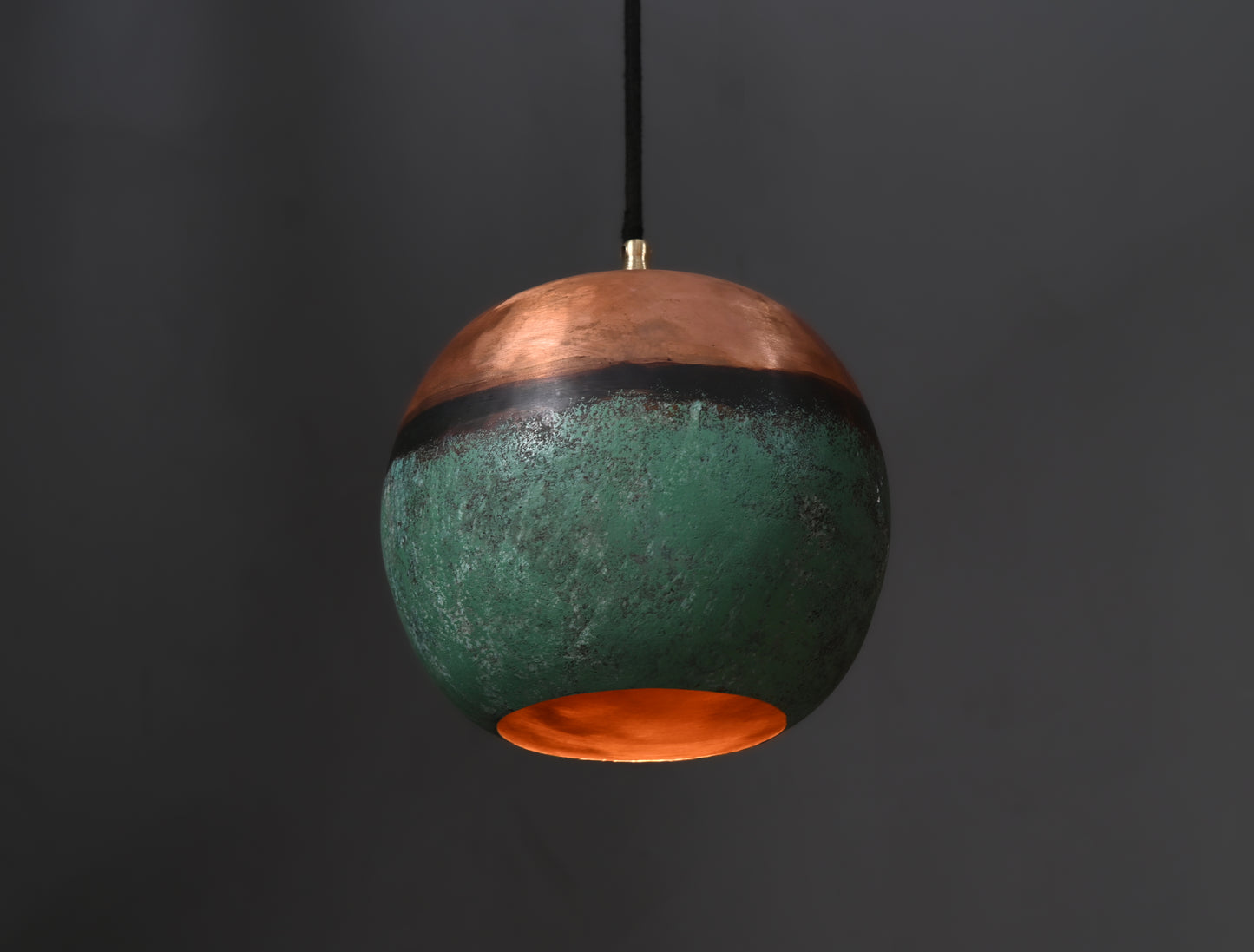 Copper Top & Verdigris Bottom Ball Pendant Light – Two-Tone Patinated Copper Globe – Unique Kitchen Island Lighting