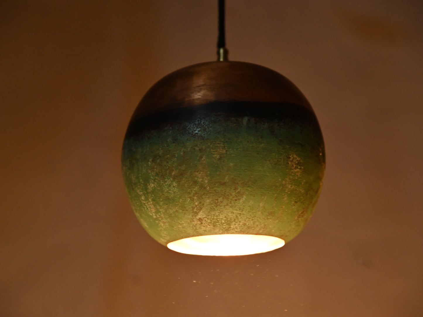 Copper Top & Verdigris Bottom Ball Pendant Light – Two-Tone Patinated Copper Globe – Unique Kitchen Island Lighting