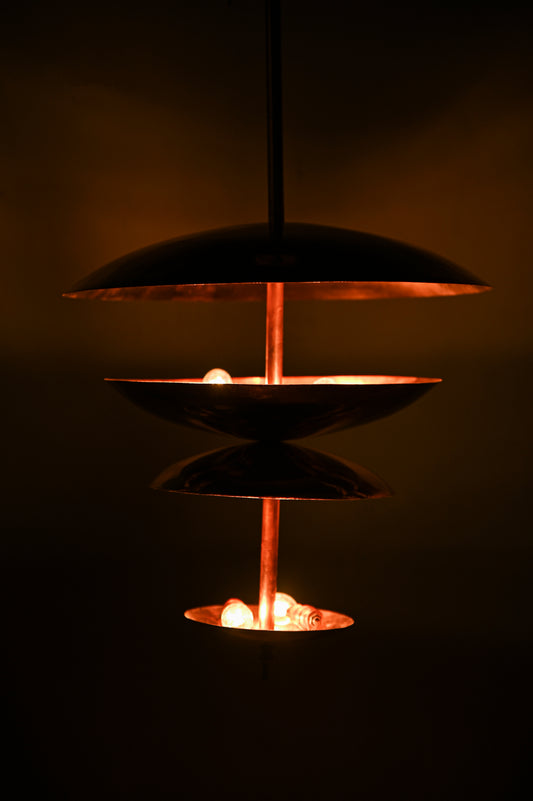 Raw COPPER Disc Chandelier – Modern Glare-Free Pendant Light – Large Mid-Century Ceiling Fixture