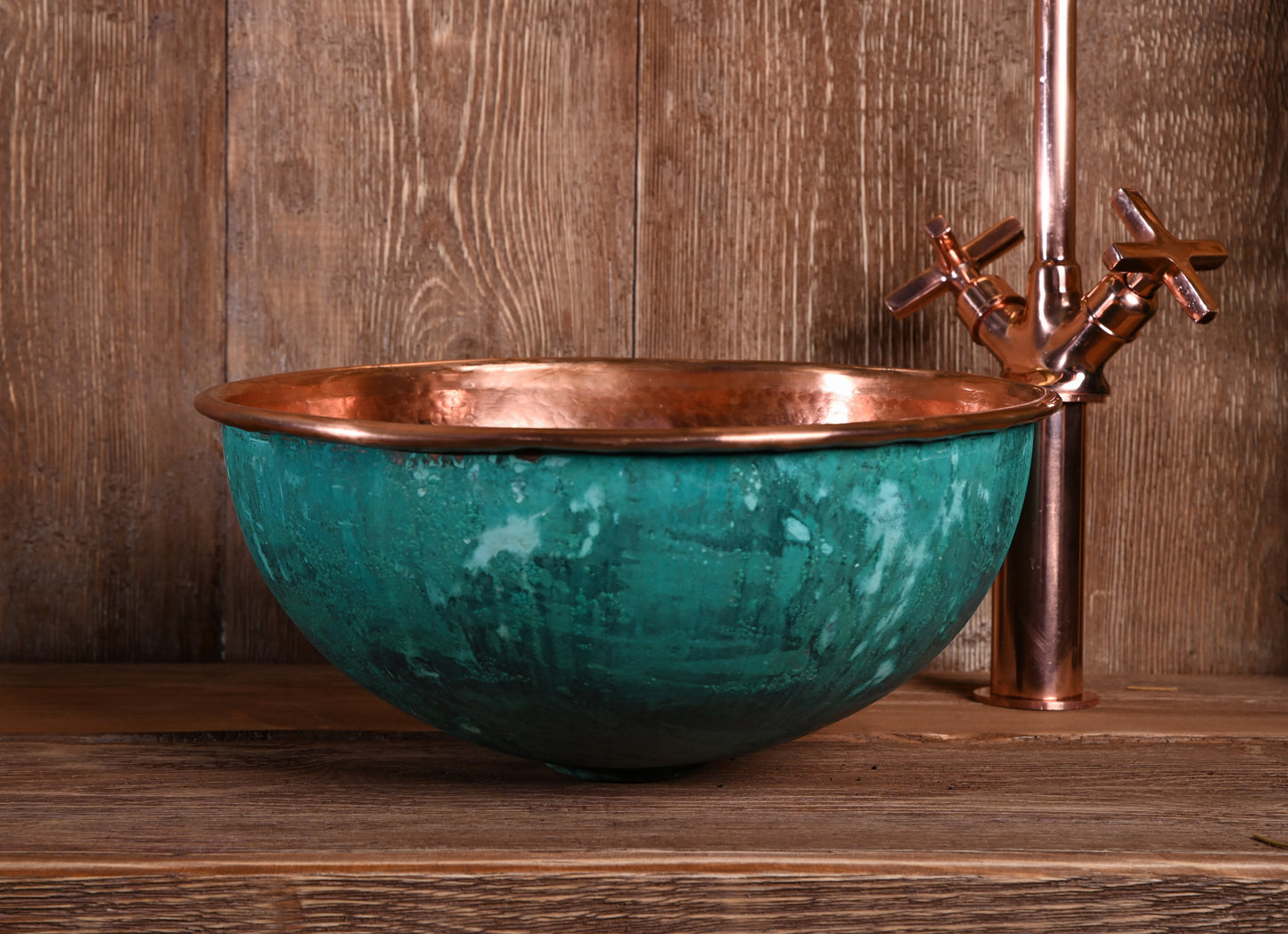 Green Patina Sink – Genuine Copper Basin – Solid Copper Interior Vessel