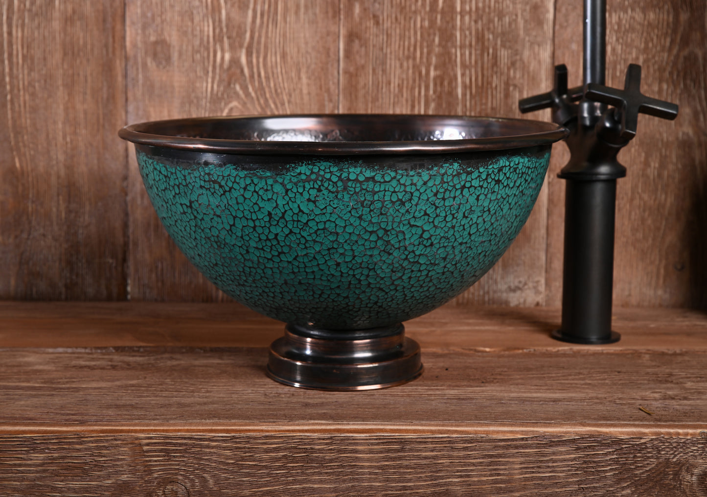 Aged Copper Vessel Sink – Hand-Patinated Round Green Basin for Bathroom