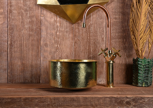 Hand-Hammered Round Brass Sink – Unlacquered Bar Basin with Drain