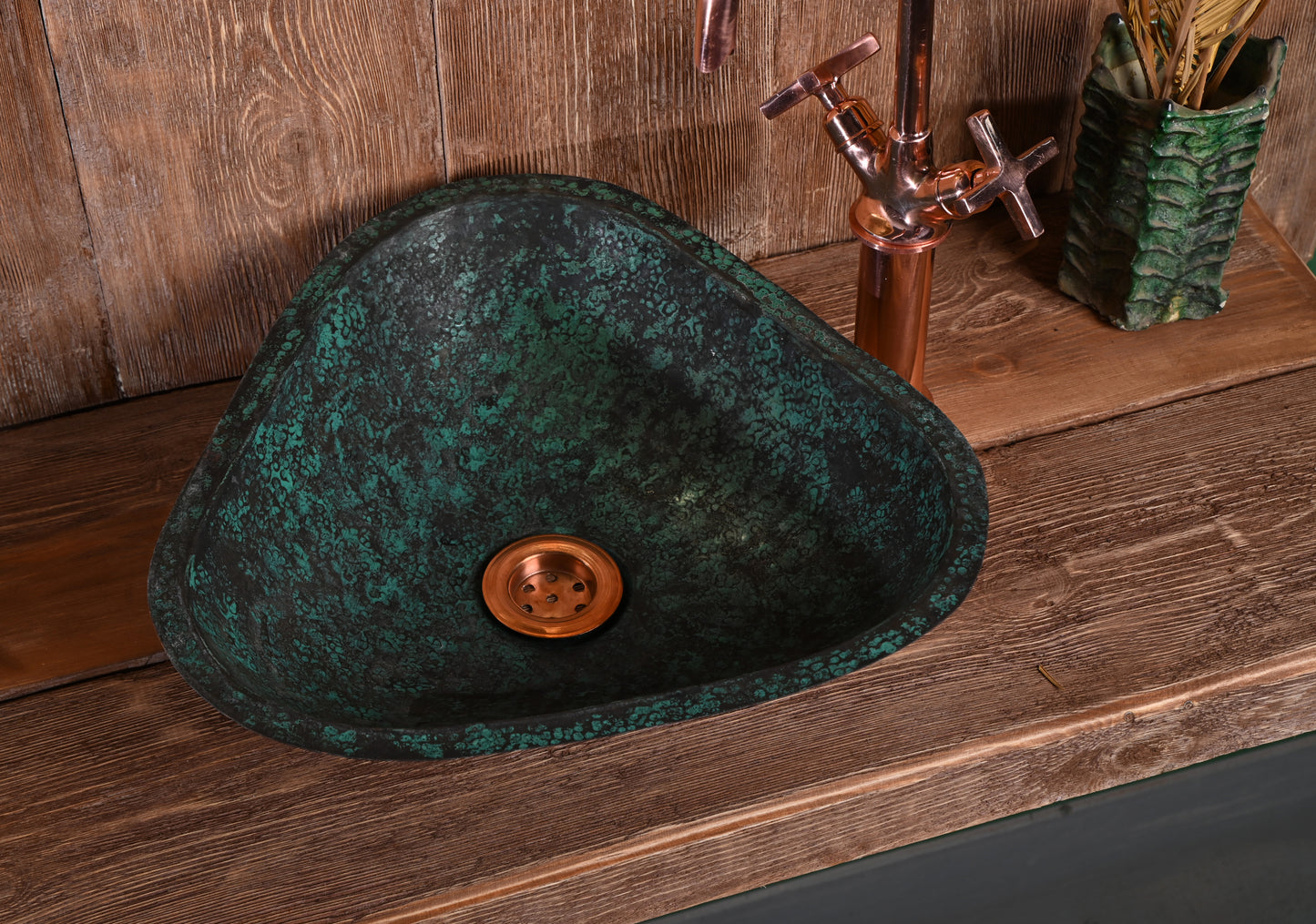 Verdigris Patinated Copper Sink – Hand-Hammered Artisan Washbasin for Rustic Bathroom Style