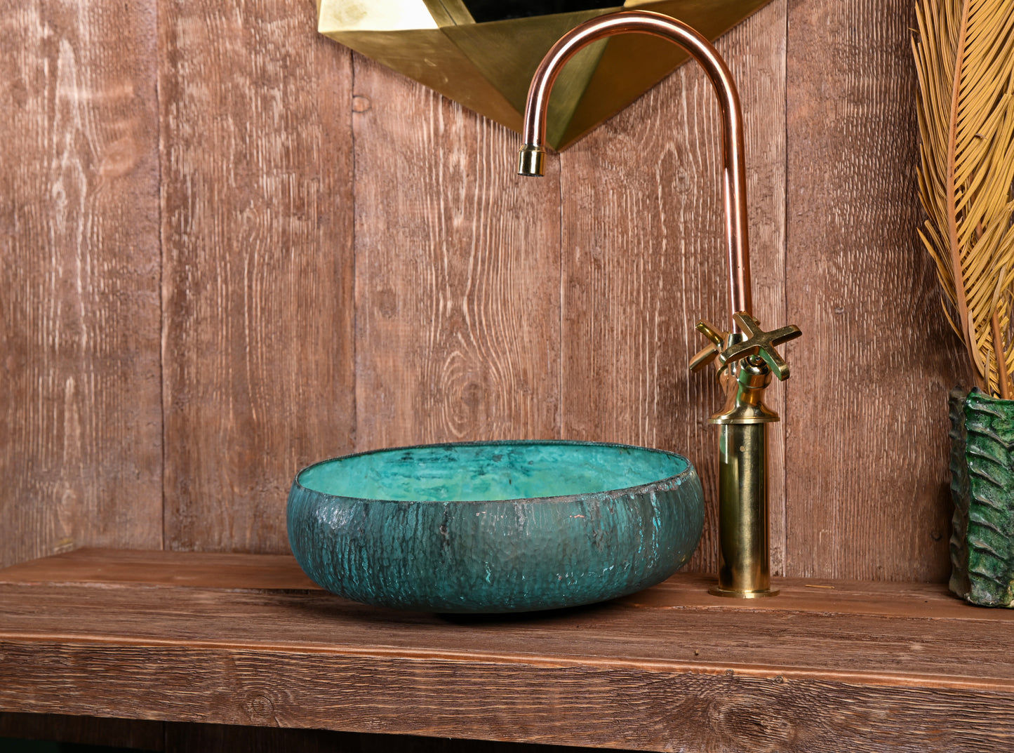 Hammered Verdigris Copper Sink – Turquoise Patina Basin for Bathroom