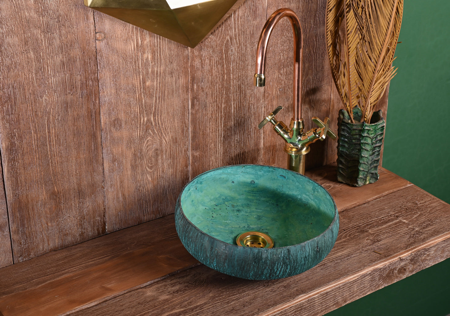 Hammered Verdigris Copper Sink – Turquoise Patina Basin for Bathroom