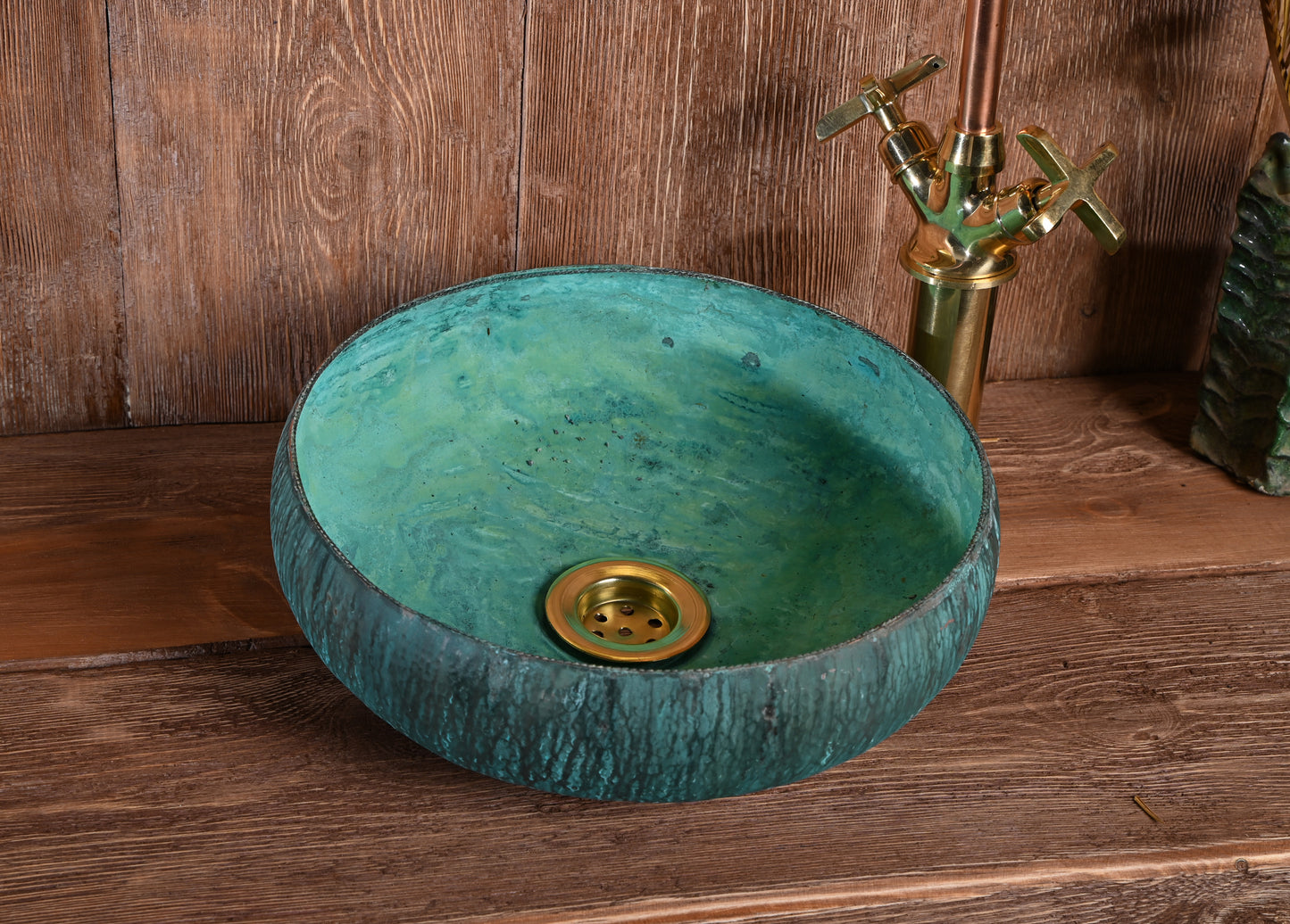 Hammered Verdigris Copper Sink – Turquoise Patina Basin for Bathroom