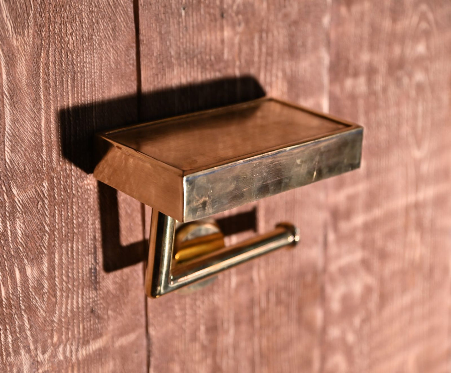 Handmade Unlacquered Brass Toilet Paper Holder with Shelf – Wall-Mounted Phone & Roll Holder – Rustic Bathroom Accessory