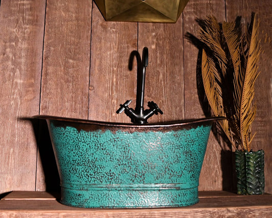 Handmade Copper Bathroom Sink with Green Patina – Unique Rustic Vessel Basin