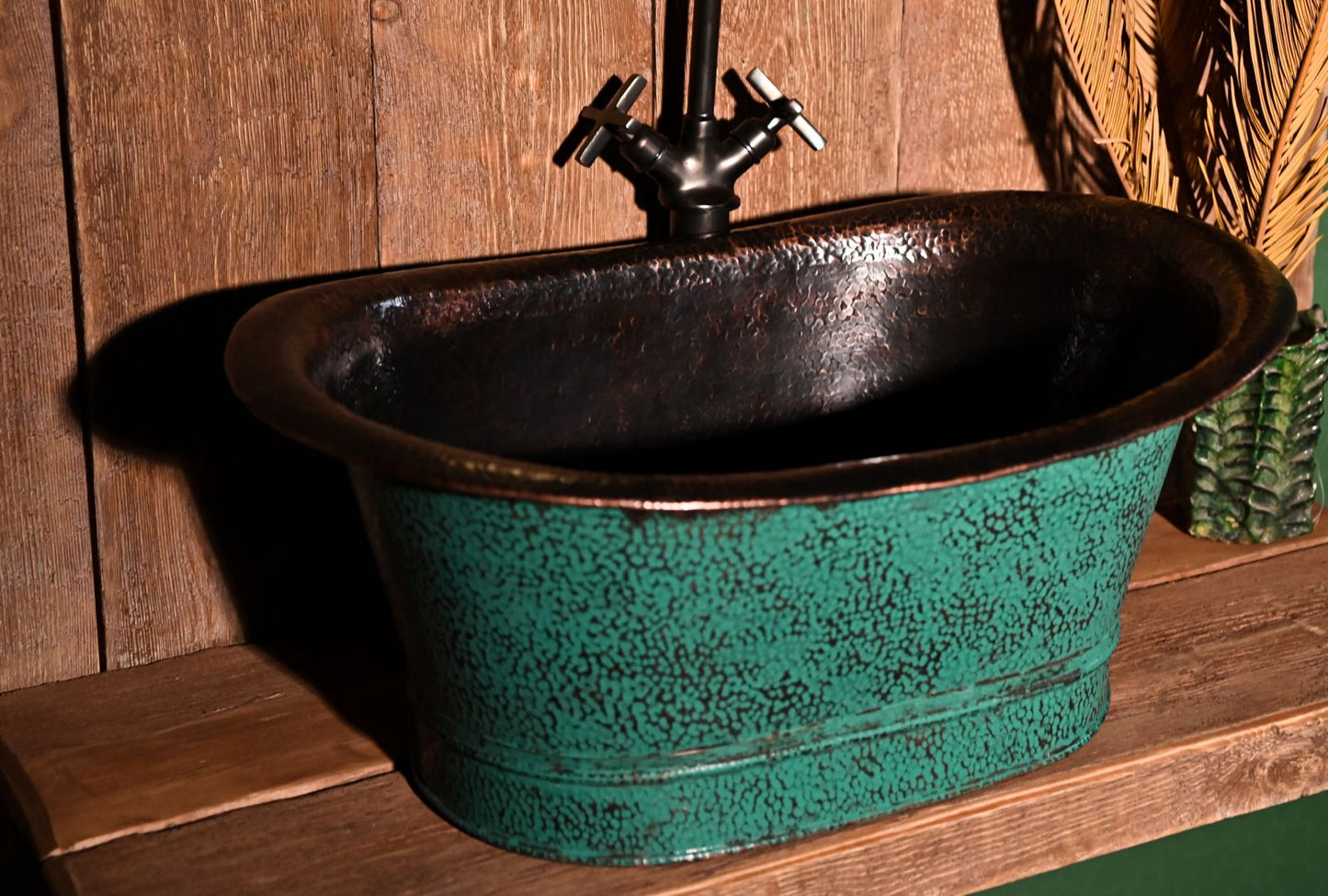 Handmade Copper Bathroom Sink with Green Patina – Unique Rustic Vessel Basin