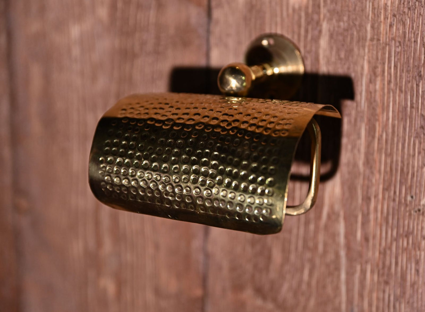 Handcrafted Hammered Brass Toilet Paper Holder with Textured Wall Mount – Rustic Unlacquered Bathroom Fixture