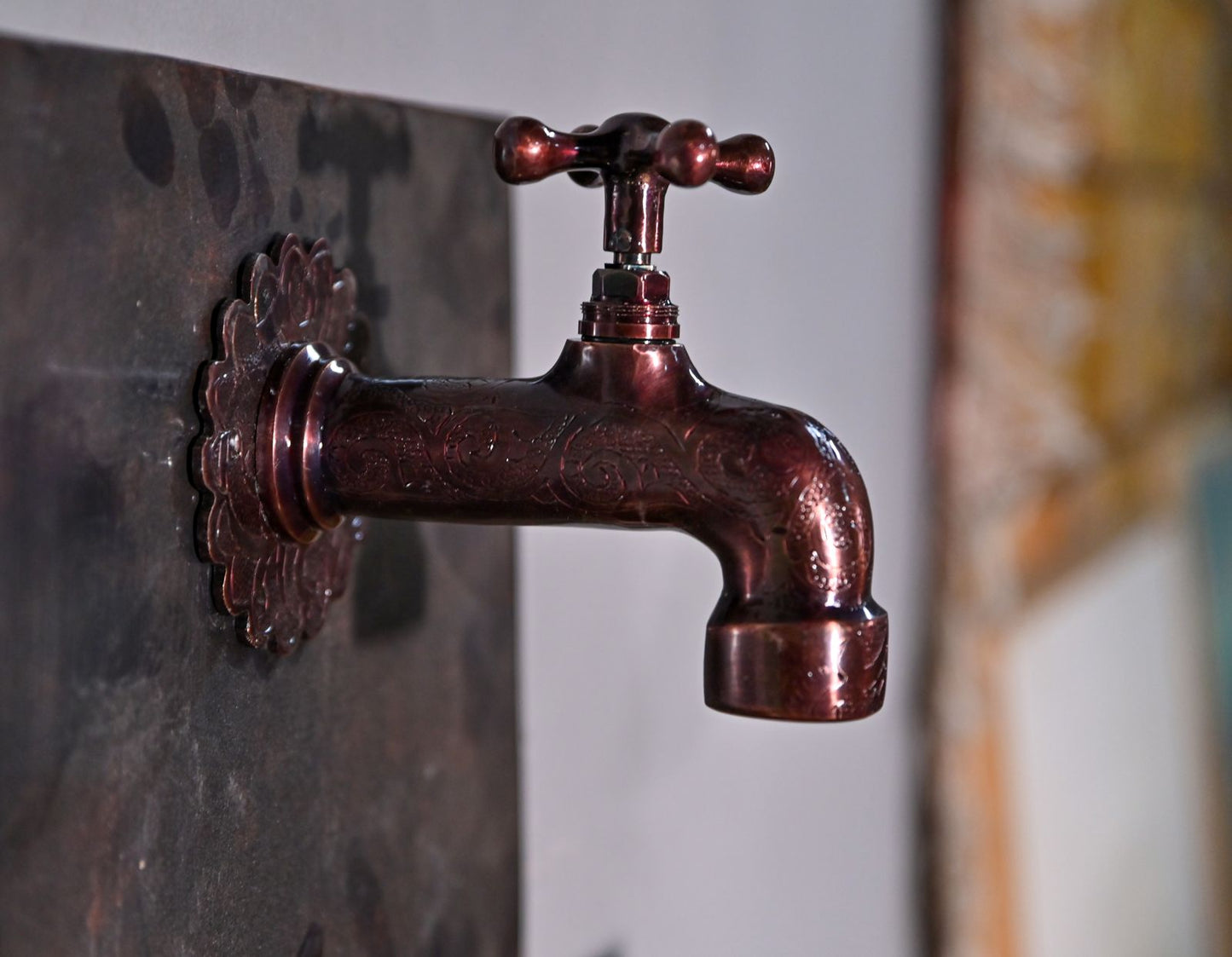 Aged Copper Wall-Mounted Sink – Green Patina Basin with Integrated Wall Faucet