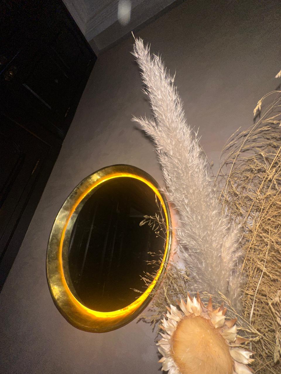 Round Brass Wall Mirror with LED – Antique Finish Frame for Bathroom or Entryway