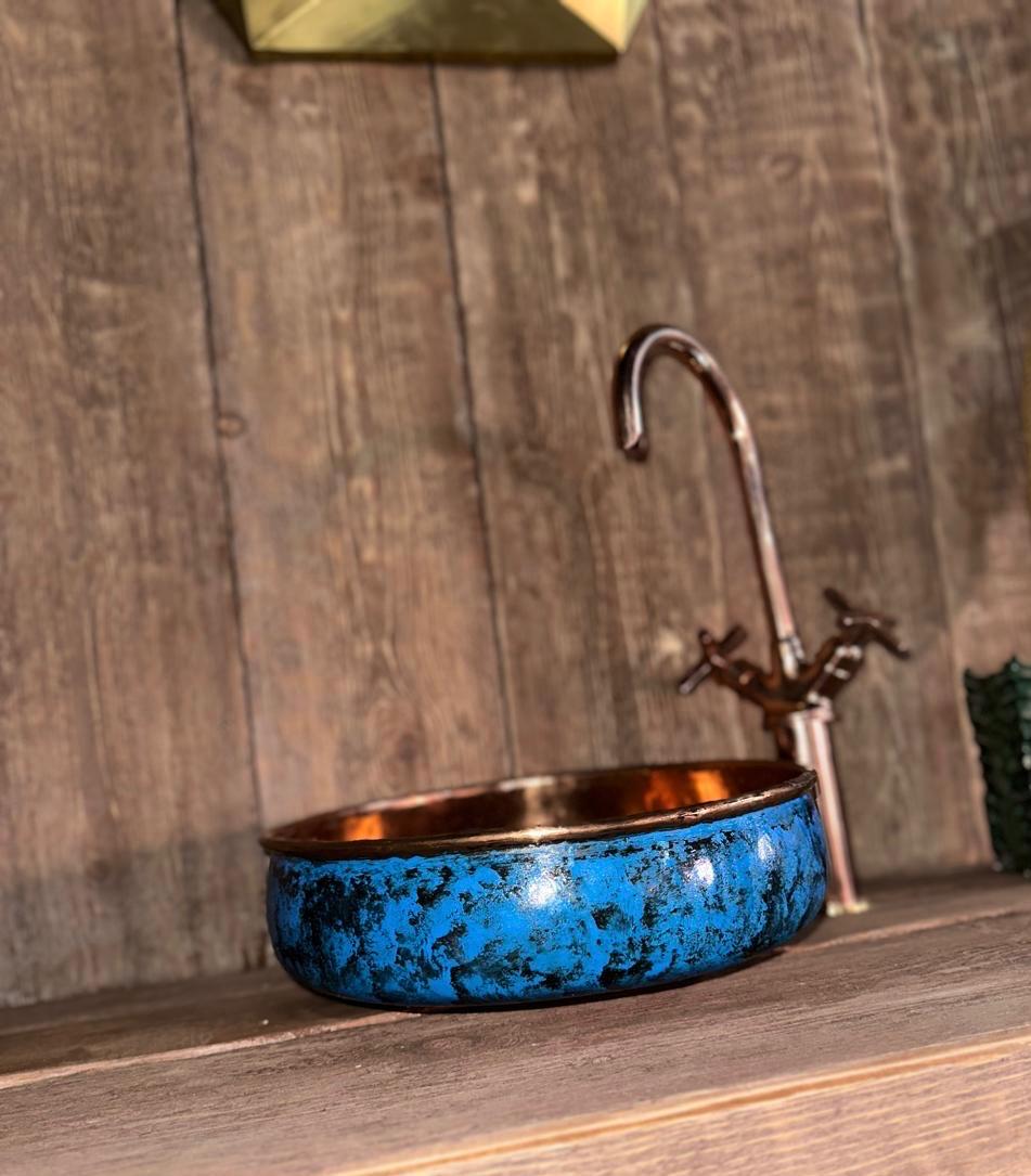 Blue Patina Copper Sink – Hand-Patinated Rustic Bathroom Basin