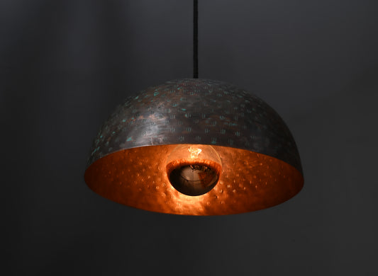 Black Copper Dome Pendant Light with Gold Interior – Perforated Hanging Lamp – Ambient Artisan Ceiling Light