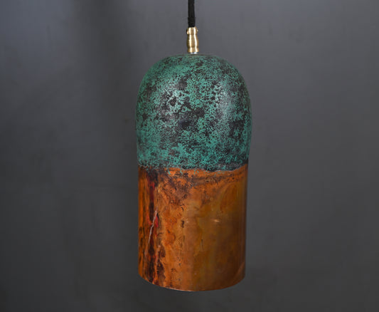 Copper Pendant Light with Green Patina Top – Handmade Rustic Ceiling Lamp