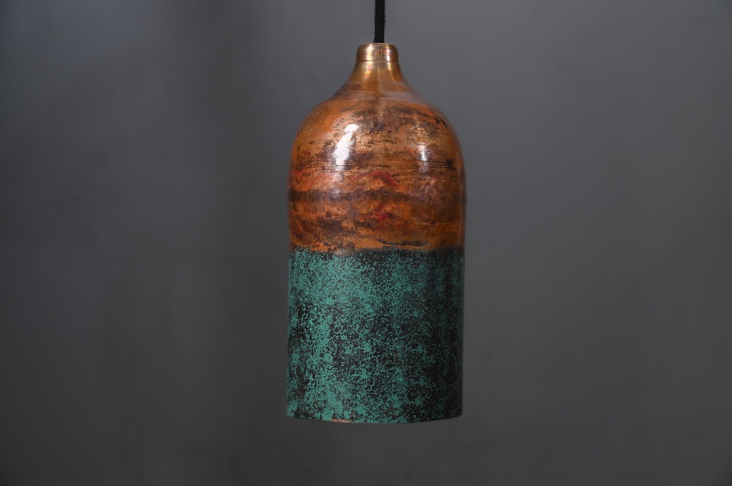 Half Green & Copper Cylinder Pendant Light – Oxidized Patina Finish – Rustic Handmade Ceiling Lamp