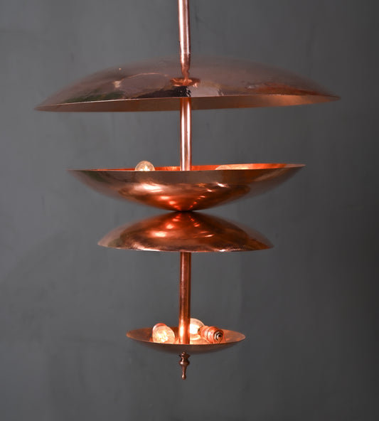 Raw COPPER Disc Chandelier – Modern Glare-Free Pendant Light – Large Mid-Century Ceiling Fixture