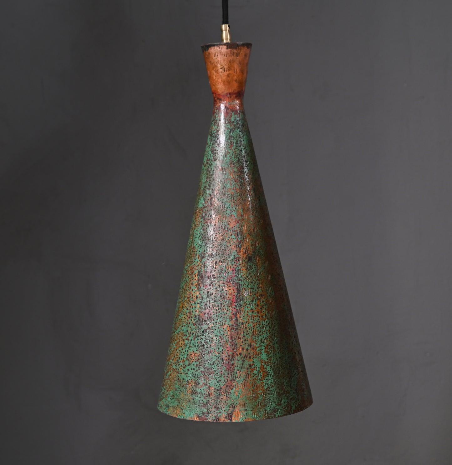 Verdigris Patina Cone Pendant Light – Oxidized Hammered Copper Lamp – Industrial Kitchen Island Lighting