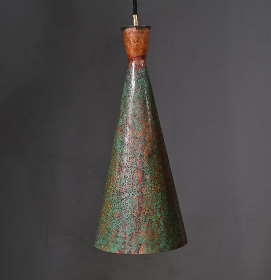 Verdigris Patina Cone Pendant Light – Oxidized Hammered Copper Lamp – Industrial Kitchen Island Lighting