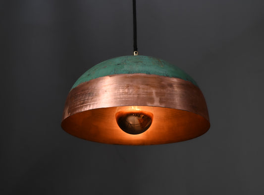 Verdigris & Copper Dome Pendant Light – Two-Tone Patinated Hanging Lamp – Artisan Copper Ceiling Light