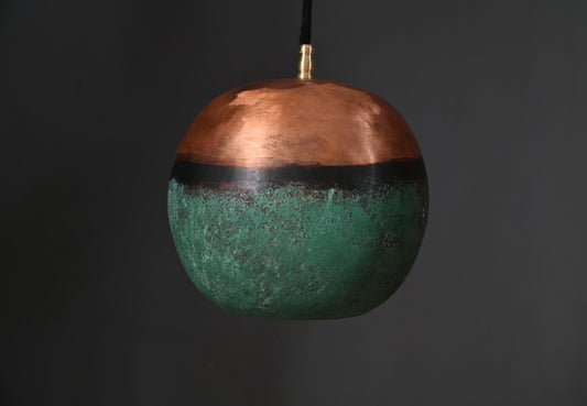 Copper Top & Verdigris Bottom Ball Pendant Light – Two-Tone Patinated Copper Globe – Unique Kitchen Island Lighting