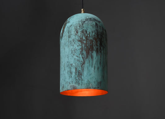 Oxidized Copper Hanging Lamp – Farmhouse Pendant Light with Green Patina Finish