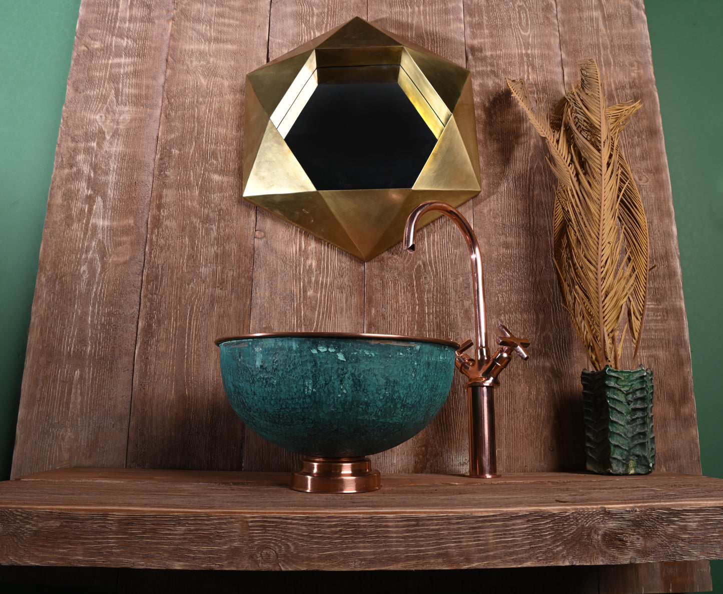 Oxidized Copper Round Sink – Patinated Green Copper Bathroom Basin