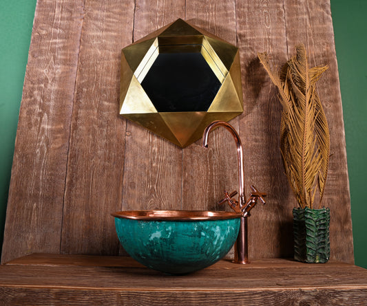 Green Patina Sink – Genuine Copper Basin – Solid Copper Interior Vessel