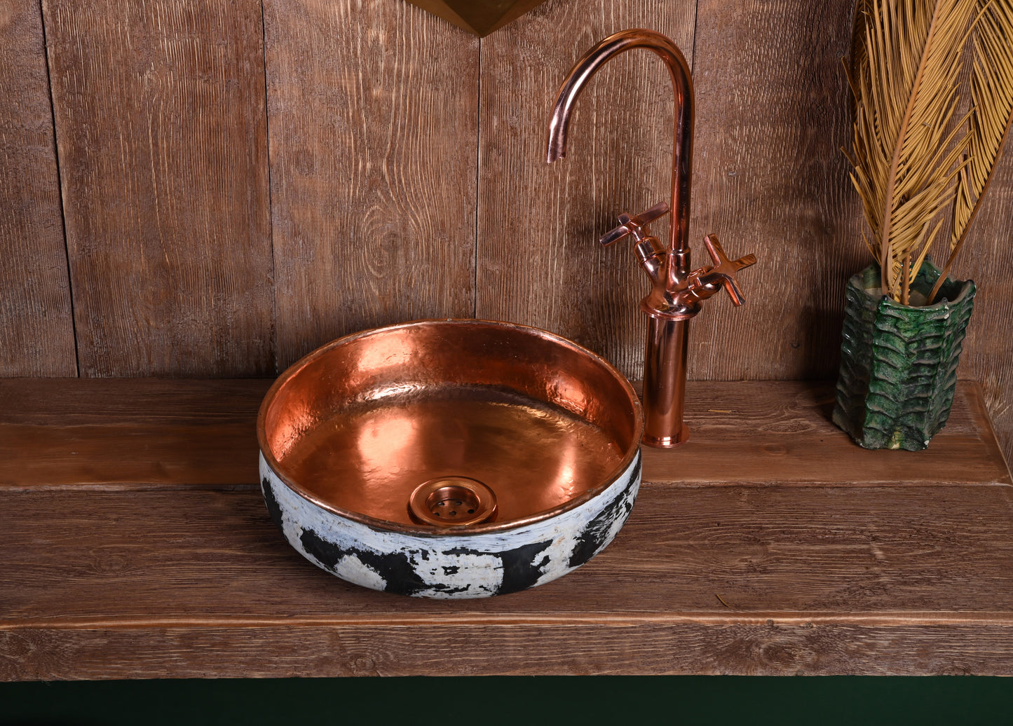 Patinated Copper Basin – Round Copper Sink with White Patina and Hammered Finish