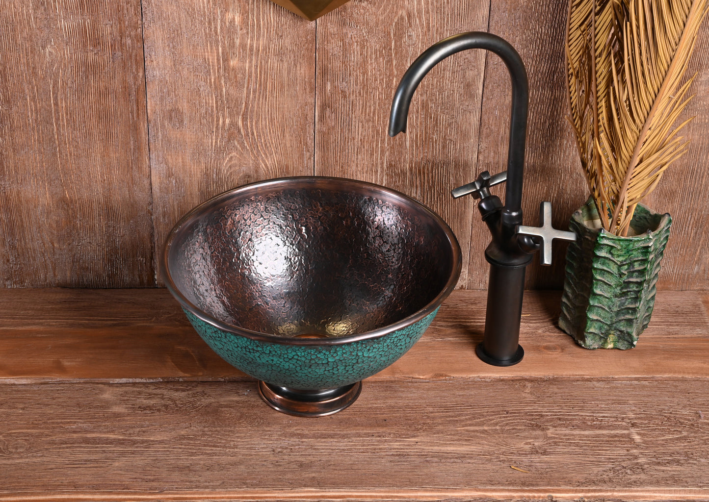 Aged Copper Vessel Sink – Hand-Patinated Round Green Basin for Bathroom
