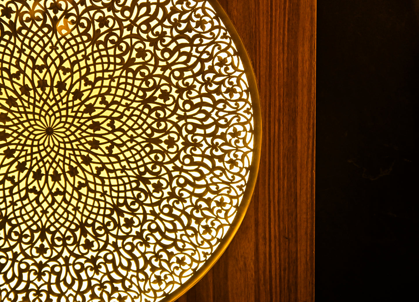 Moroccan Brass Disc Wall Light: Handmade Wood Panel Sconce