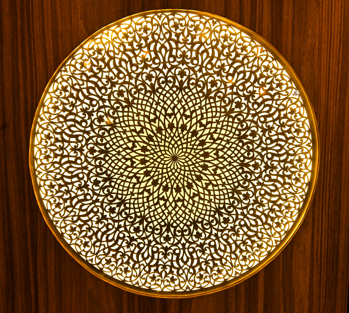 Moroccan Brass Disc Wall Light: Handmade Wood Panel Sconce
